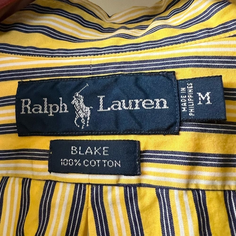 Ralph Lauren Shirt‎ Blake Fit 100% Cotton Yellow Navy Stripe Long Sleeve M - Picture 2 of 4
